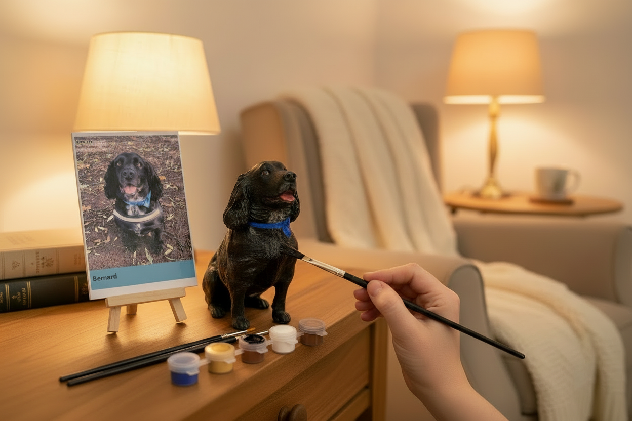Dog painting scene with black paint on brush